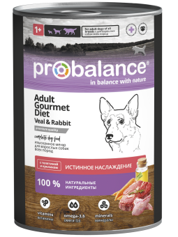 Консервированный корм для собак Probalance Gourmet Diet, с телятиной и кроликом, 850г