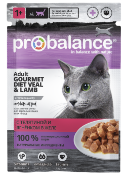 Консервированный корм для кошек Probalance Gourmet Diet с телятиной и ягненком в желе, 85г
